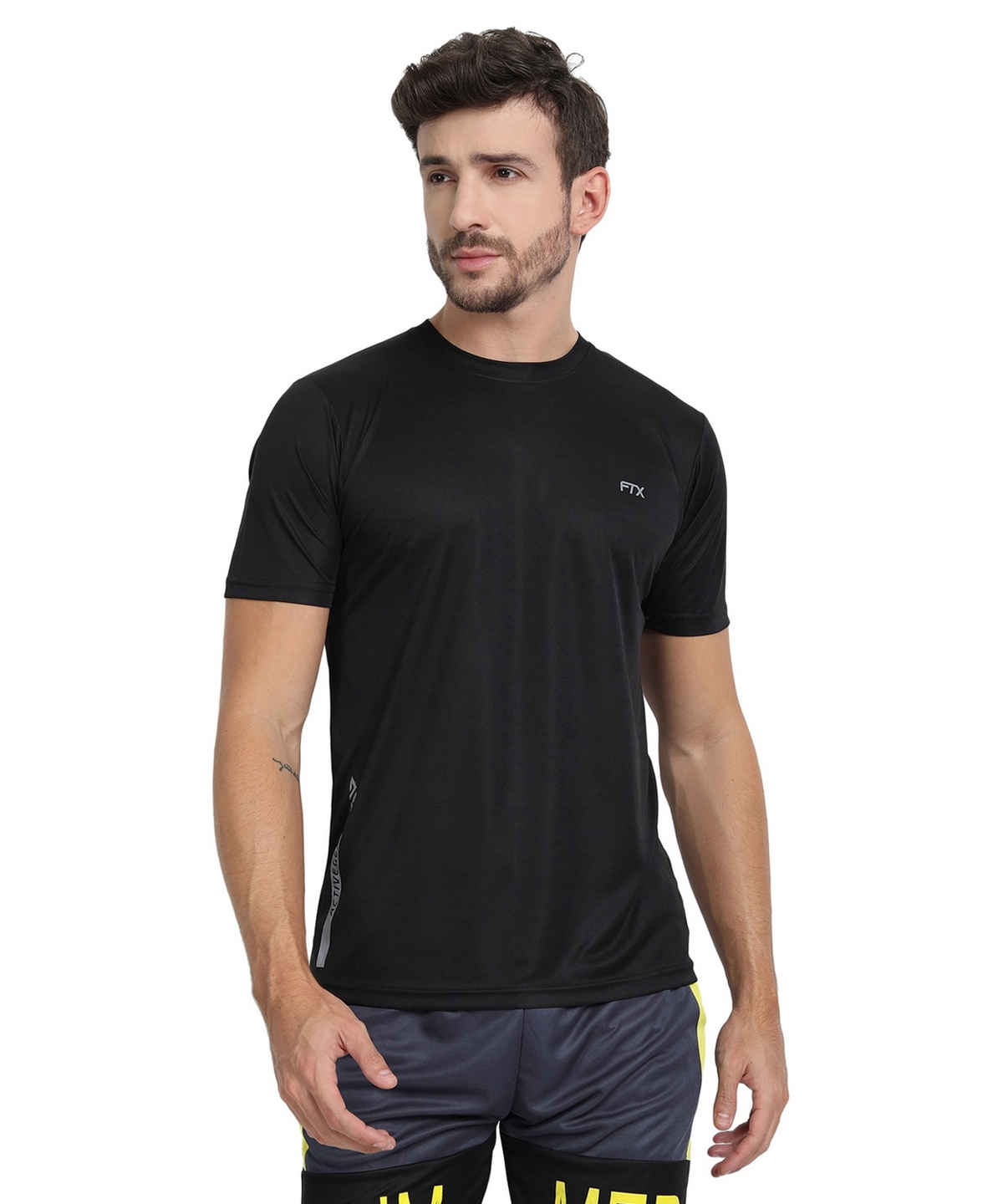 Ftx Men's Solid Round Neck Polyester Half Sleeve Casual T-shirt | Black | M