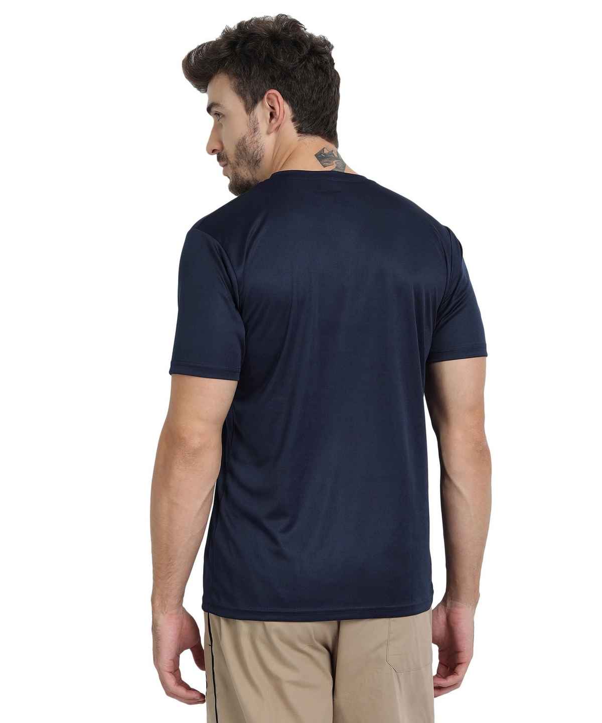 Ftx Men's Solid Round Neck Polyester Half Sleeve Casual T-shirt | Navy | S
