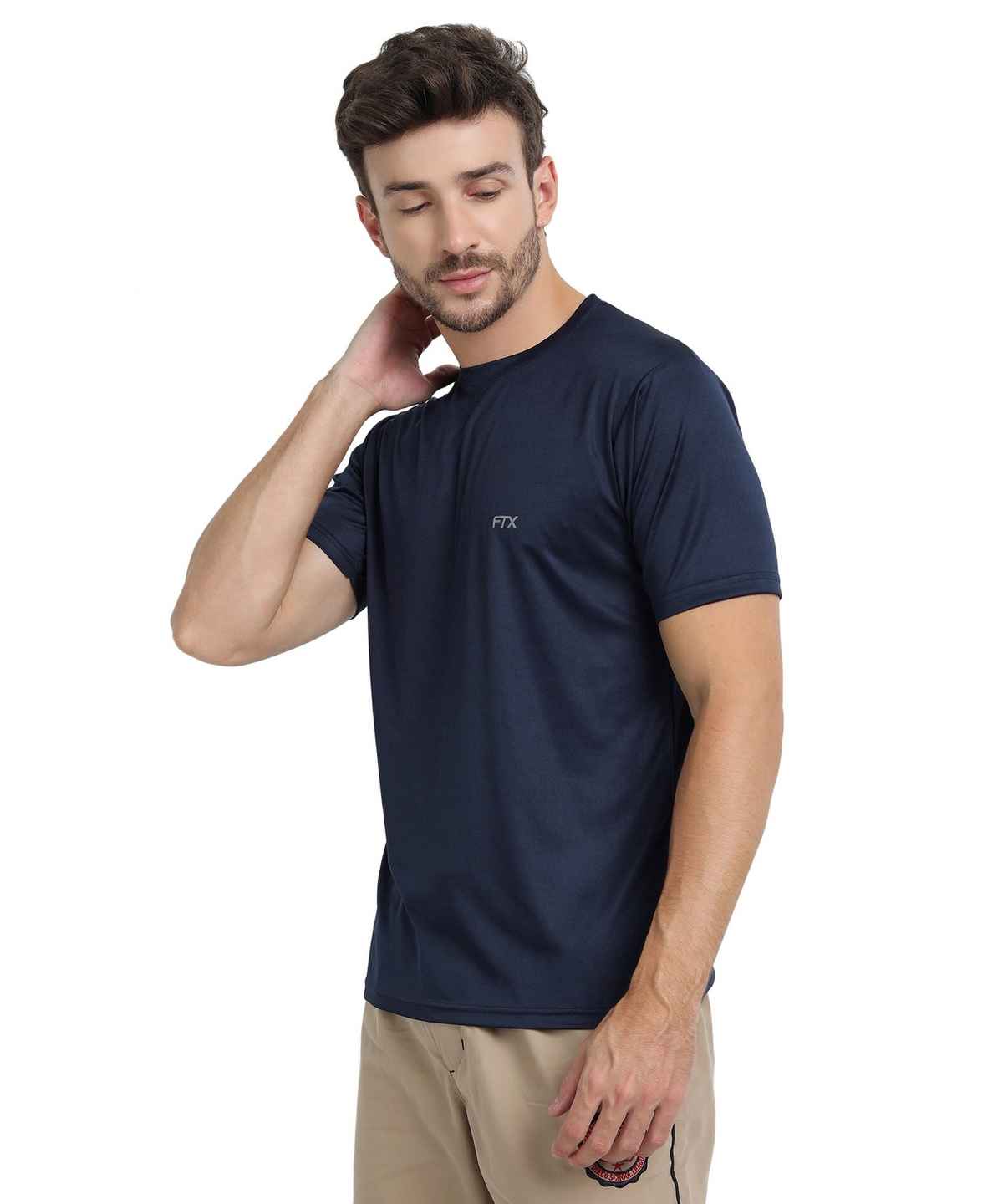 Ftx Men's Solid Round Neck Polyester Half Sleeve Casual T-shirt | Navy | S