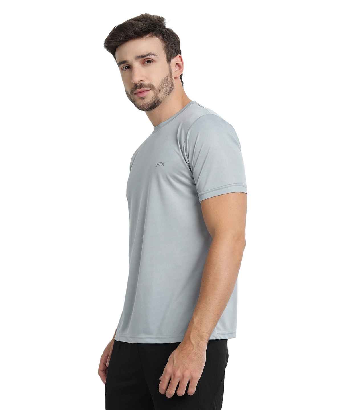 Ftx Men's Solid Round Neck Polyester Half Sleeve Casual T-shirt | Light Grey | S