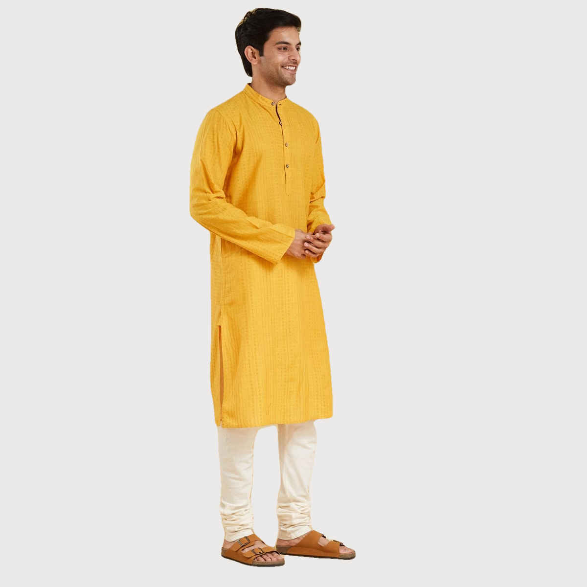 Fabindia Men's Long Kurta Slim Fit Dobby | Yellow - M