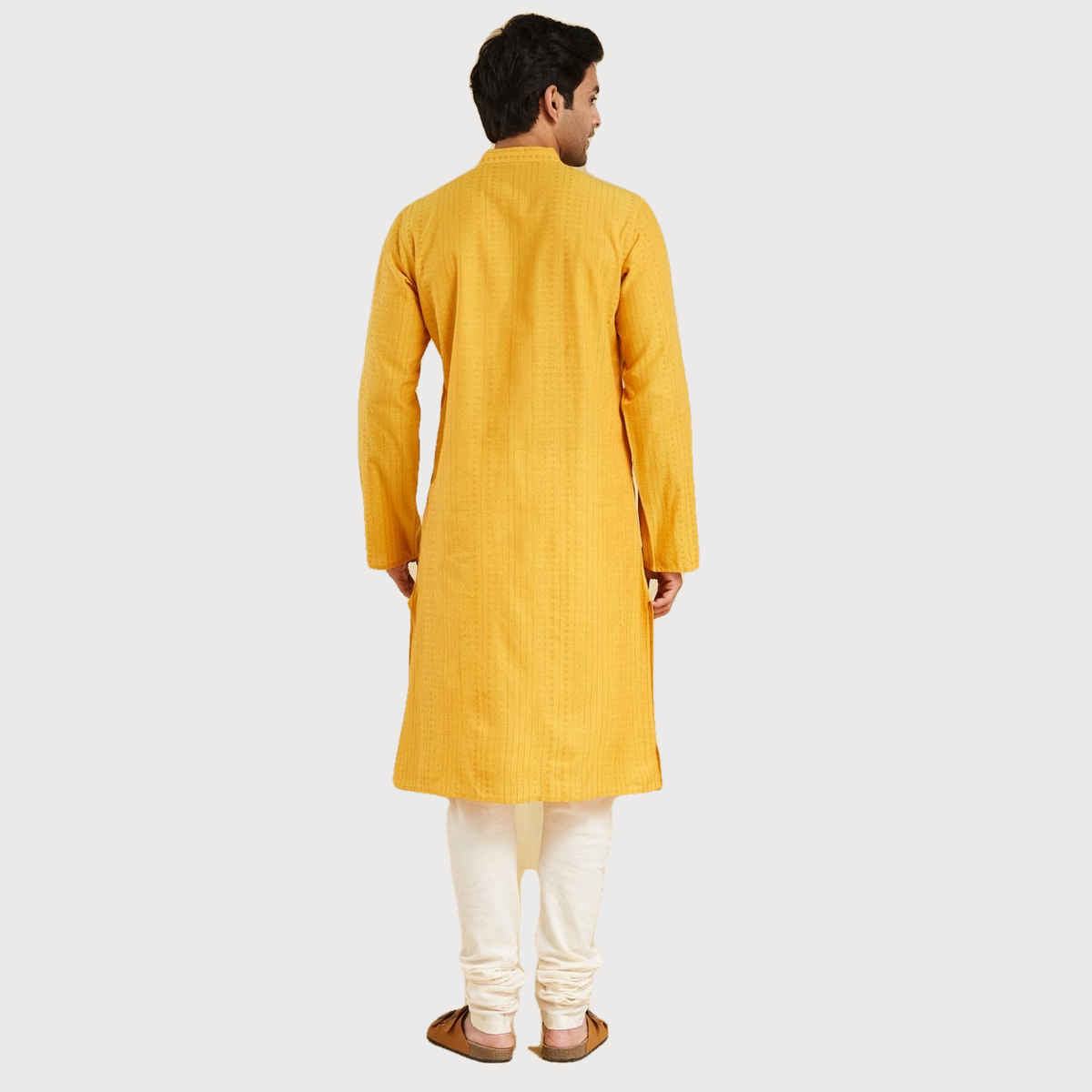 Fabindia Men's Long Kurta Slim Fit Dobby | Yellow - M