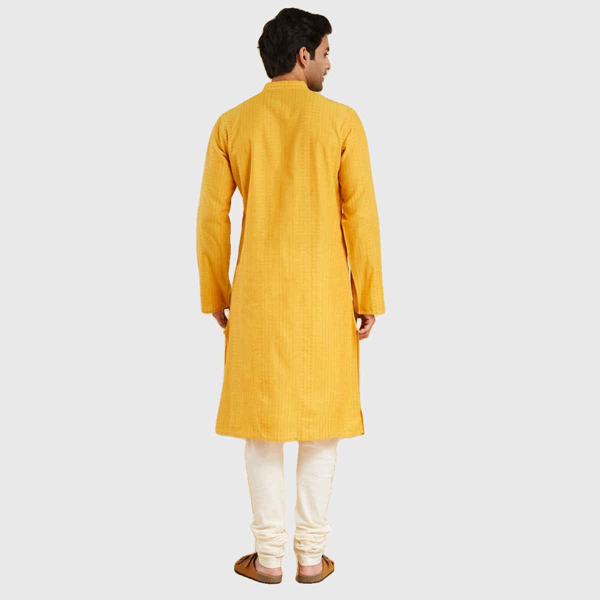 Fabindia Men's Long Kurta Cotton Dobby Slim Fit | Yellow - S
