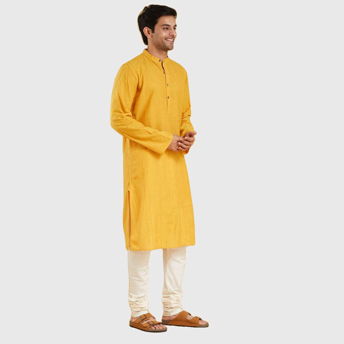 Fabindia Men's Long Kurta Cotton Dobby Slim Fit | Yellow - S