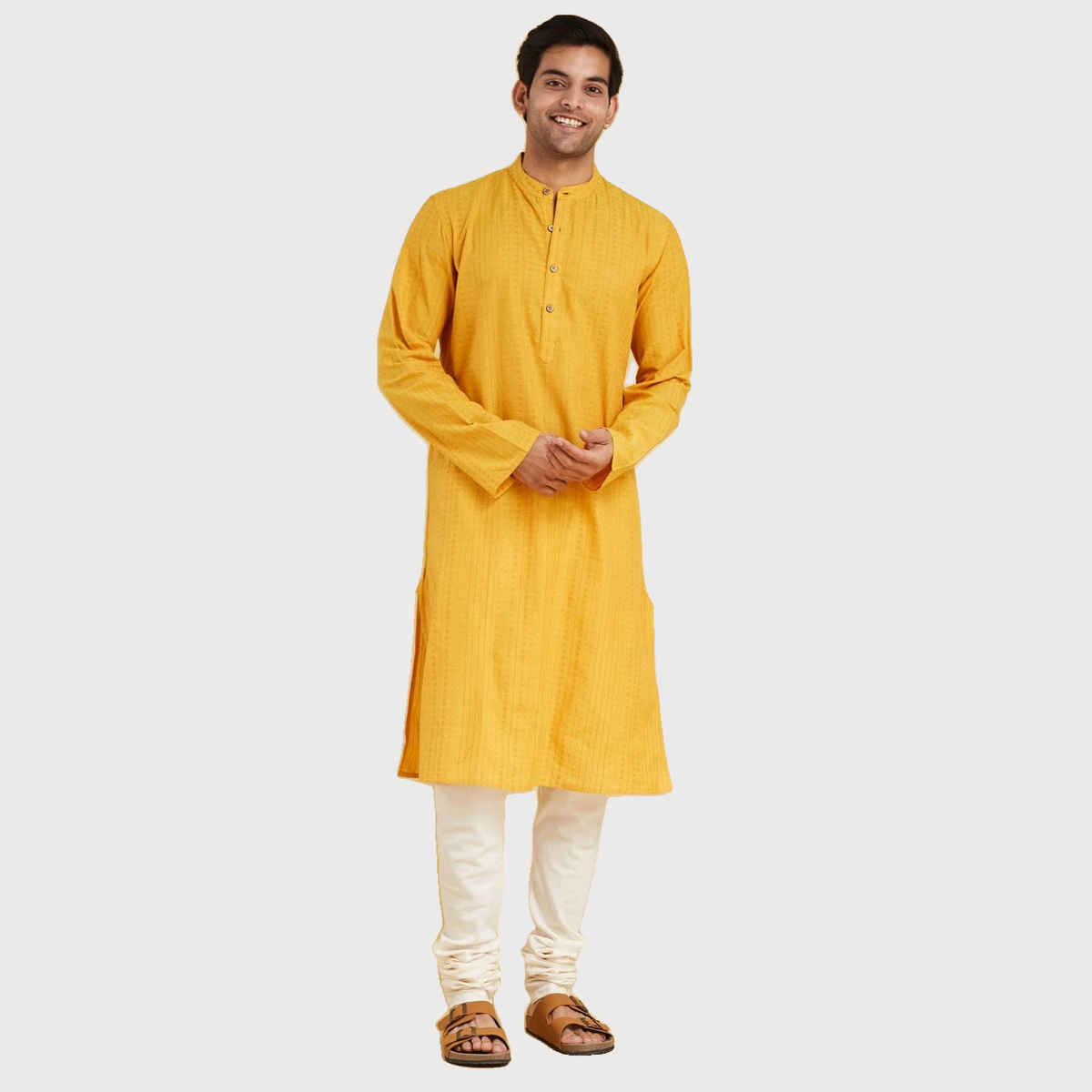 Fabindia Men's Long Kurta Cotton Dobby Slim Fit | Yellow - S