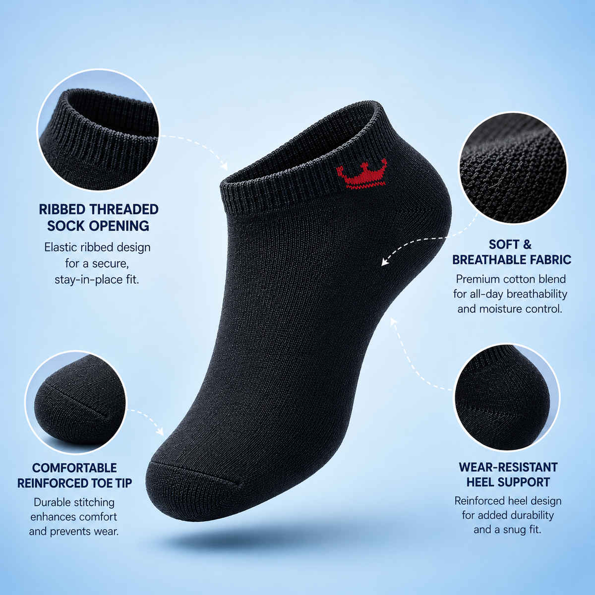 Royal Mart Unisex Cotton Blend No-Show Ankle Socks | Black - Free Size