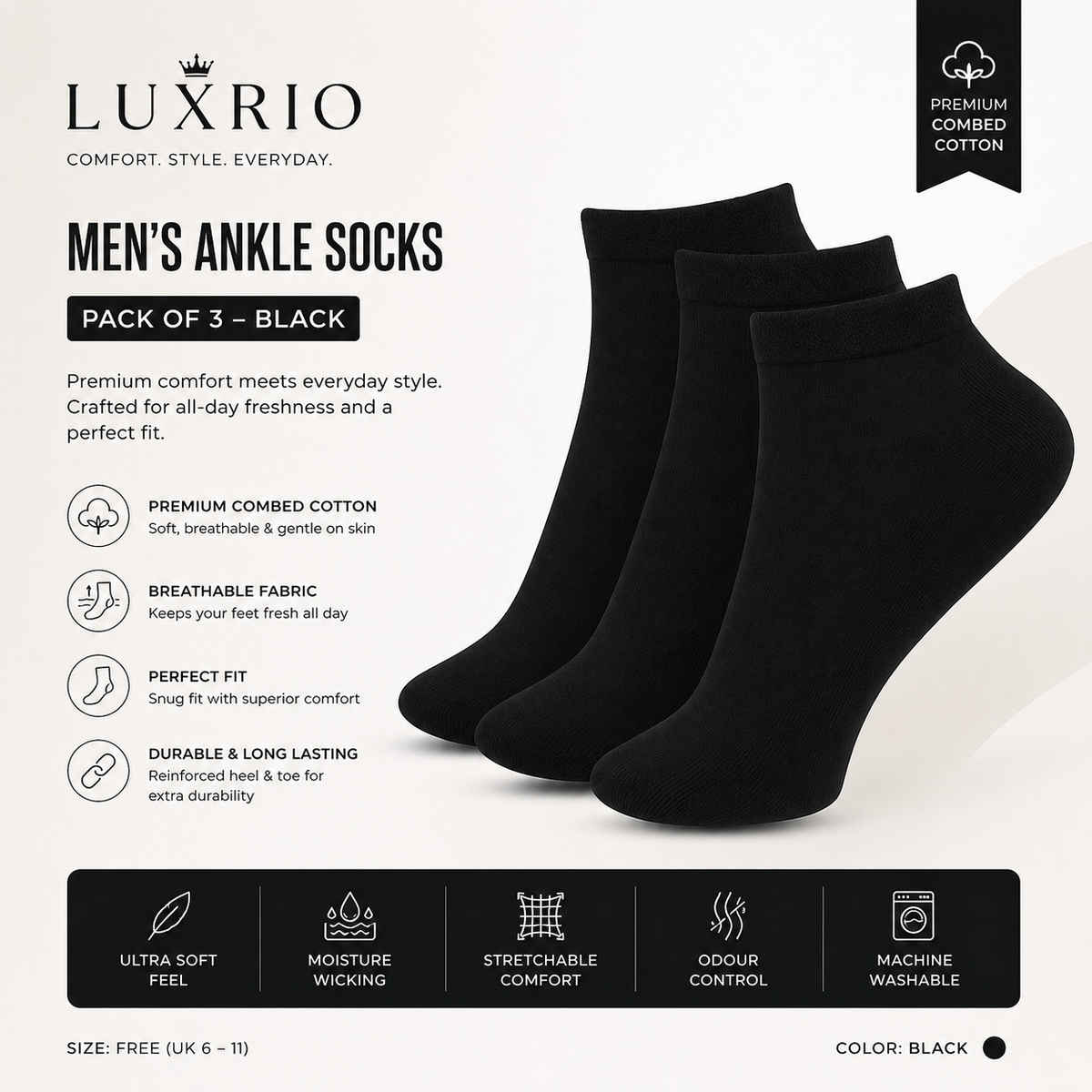 Luxrio Men's Solid Ankle Length Cotton Socks | SCK-21-3-PK-ANKL-BLK | Black - Free Size