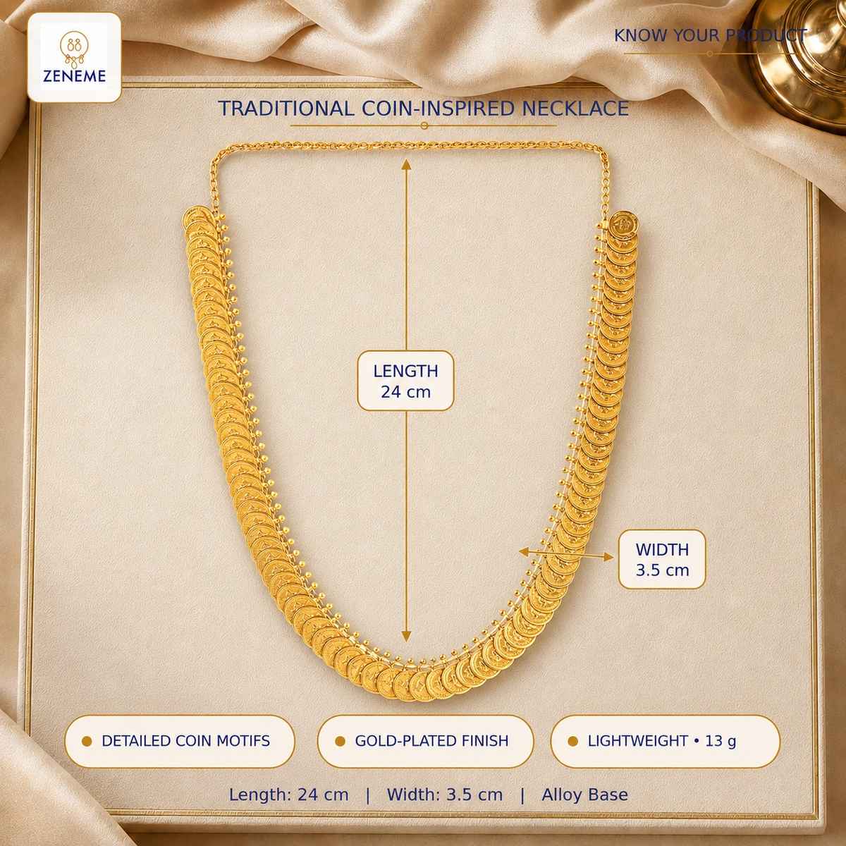 Zeneme Women's Gold-Plated South Indian Pink Lakshmi Kasu Coin Temple Necklace