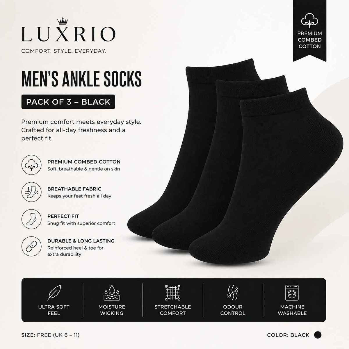 Luxrio Men's Solid Ankle Length Cotton Socks | SCK-21-3-PK-ANKL-BLK | Black - Free Size