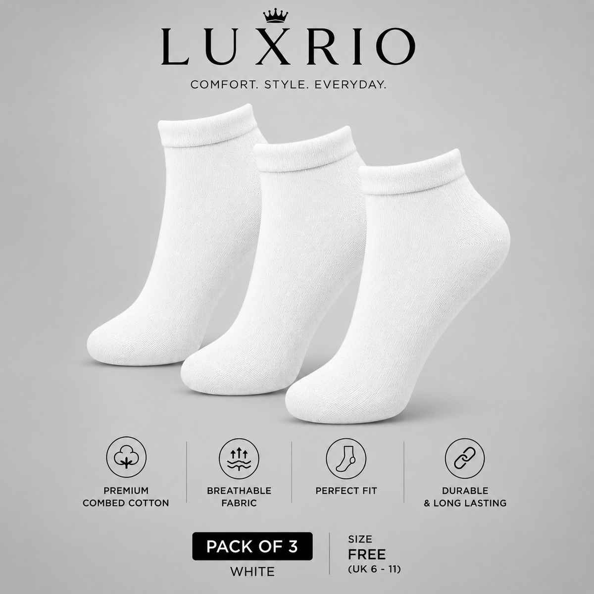 Luxrio Men's Solid Ankle Length Cotton Socks | SCK-22-3-PK-ANKL-WHT | White - Free Size