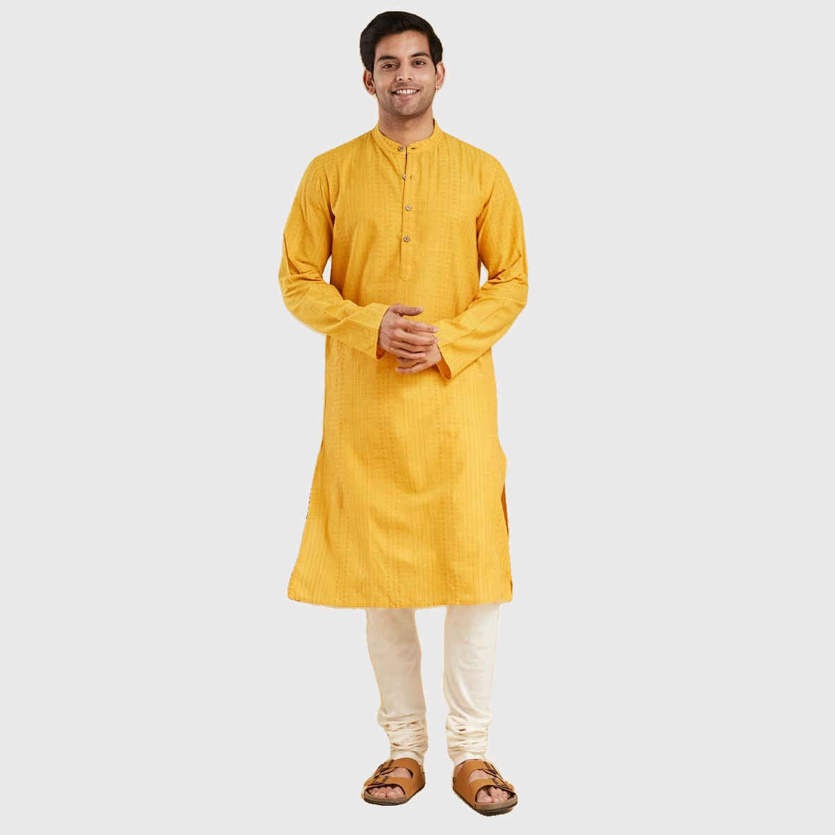 Fabindia Men's Long Kurta Slim Fit Dobby | Yellow - M