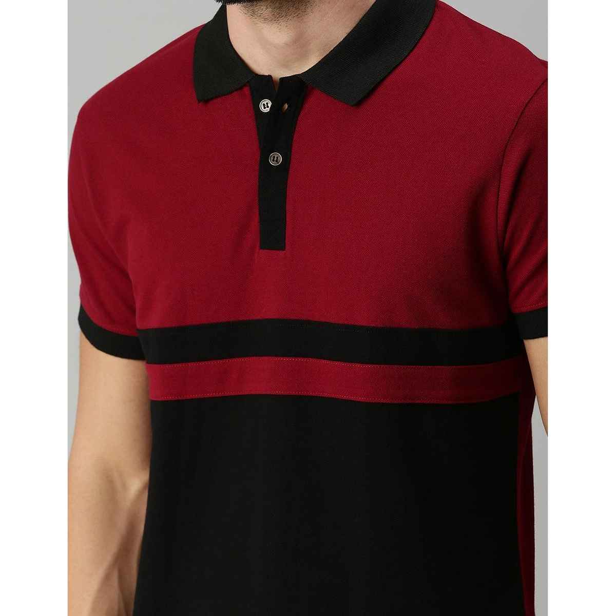 VEIRDO Men's Colorblock Regular Polo T-Shirt | P-22 BLK MRN | Maroon - S
