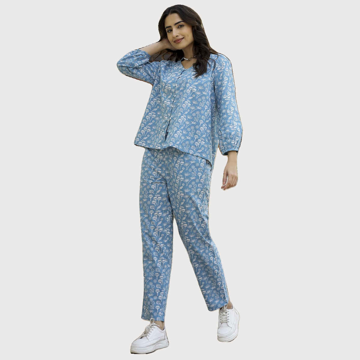 Sanskrutihomes Blue Printed Pure Cotton Top With Trousers | Blue | S