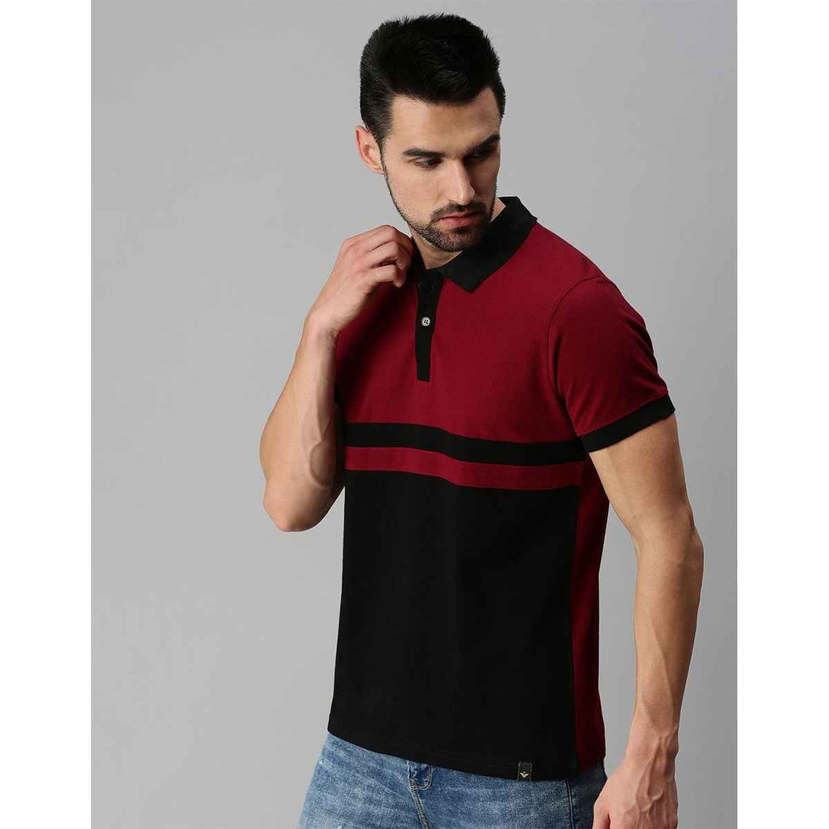 VEIRDO Men's Colorblock Regular Polo T-Shirt | P-22 BLK MRN | Maroon - S