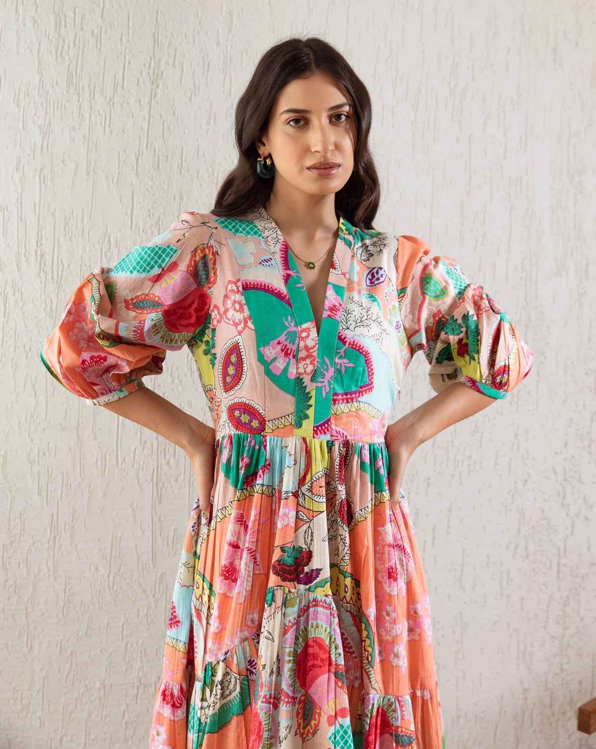 Sheetal Associates Women's Floral Printed Fit and Flare V Neck Maxi Dress | 12085 | Multicolor - M