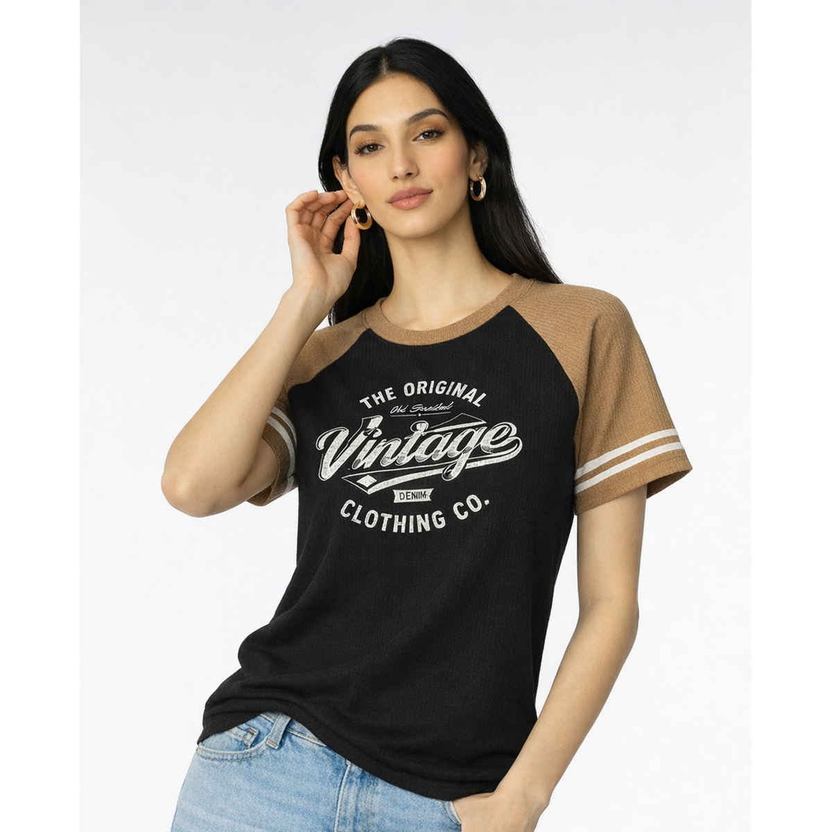 Try This Women's HF Sleeve Graphic Print Round Neck Tshirt | Black & Brown | M