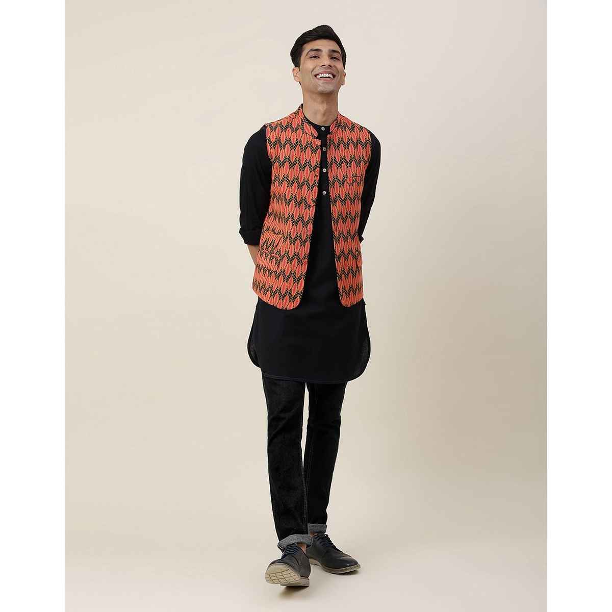 Fabindia Men's Nehru Jacket Cotton Printed Slim Fit | Black - M