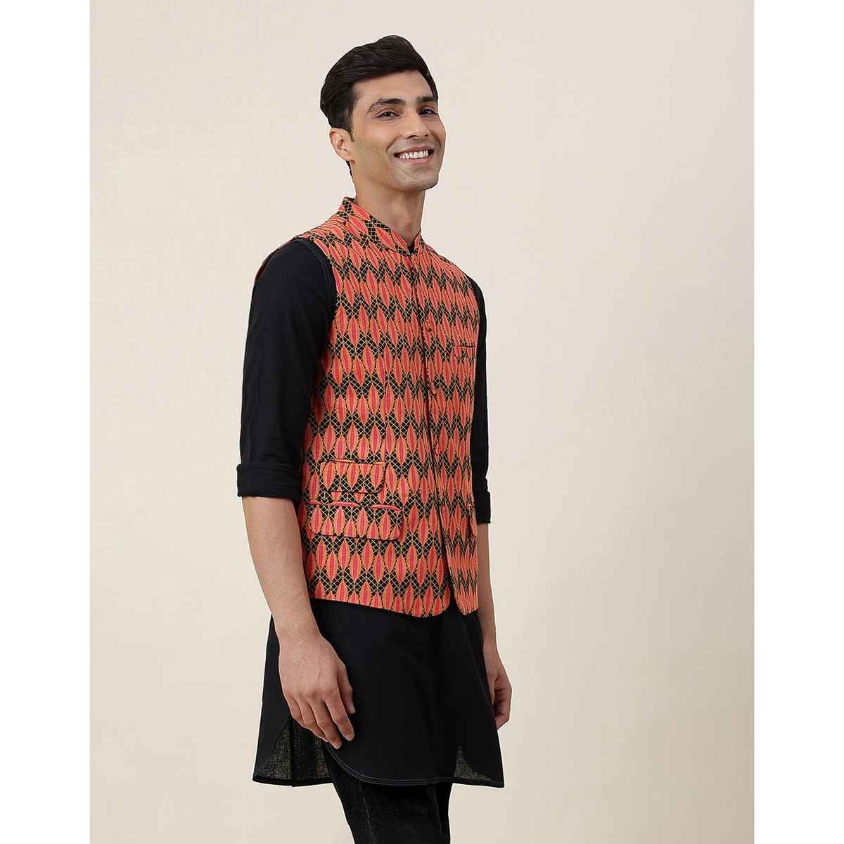 Fabindia Men's Nehru Jacket Cotton Printed Slim Fit | Black - M