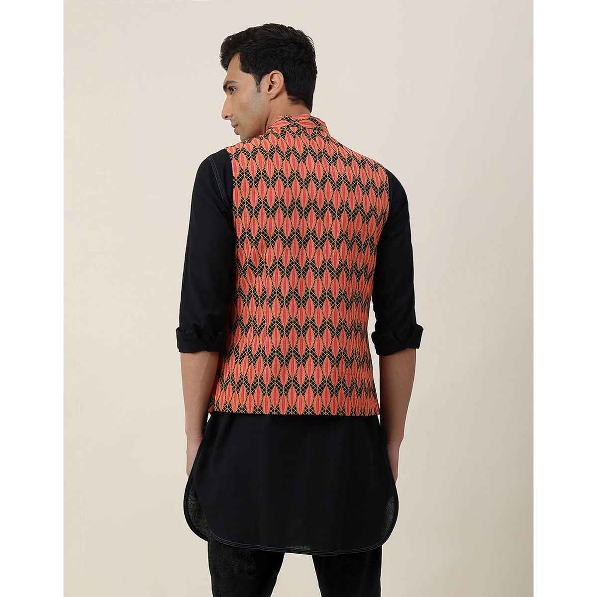 Fabindia Men's Nehru Jacket Cotton Printed Slim Fit | Black - M
