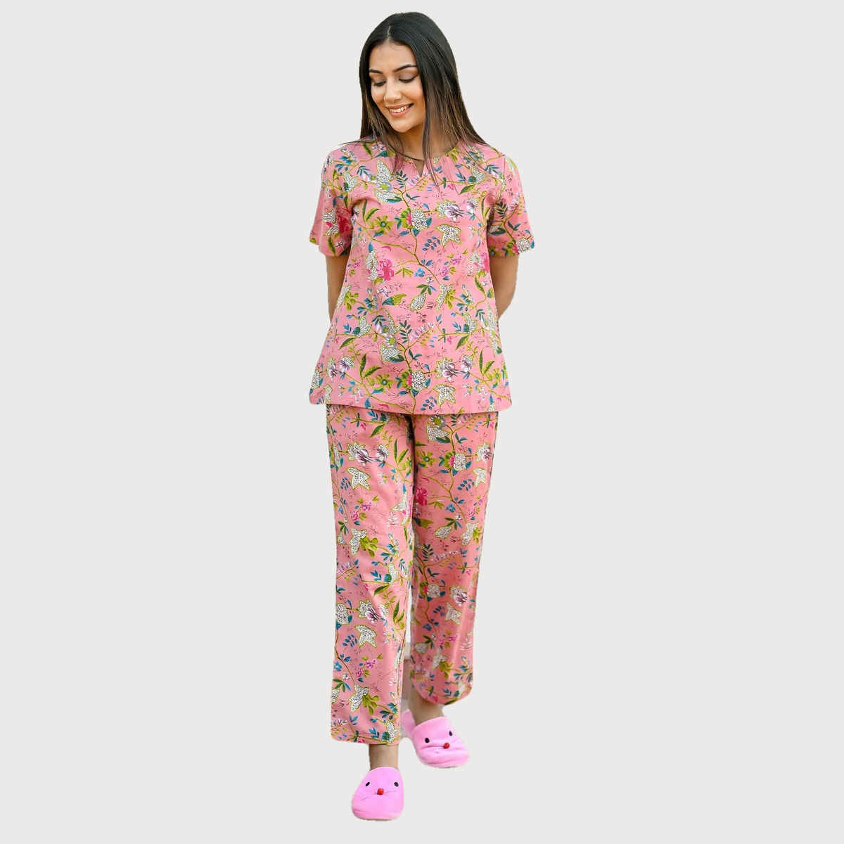 Sanskrutihomes Women Rose Pure Cotton Floral Print Pyjama | Set S