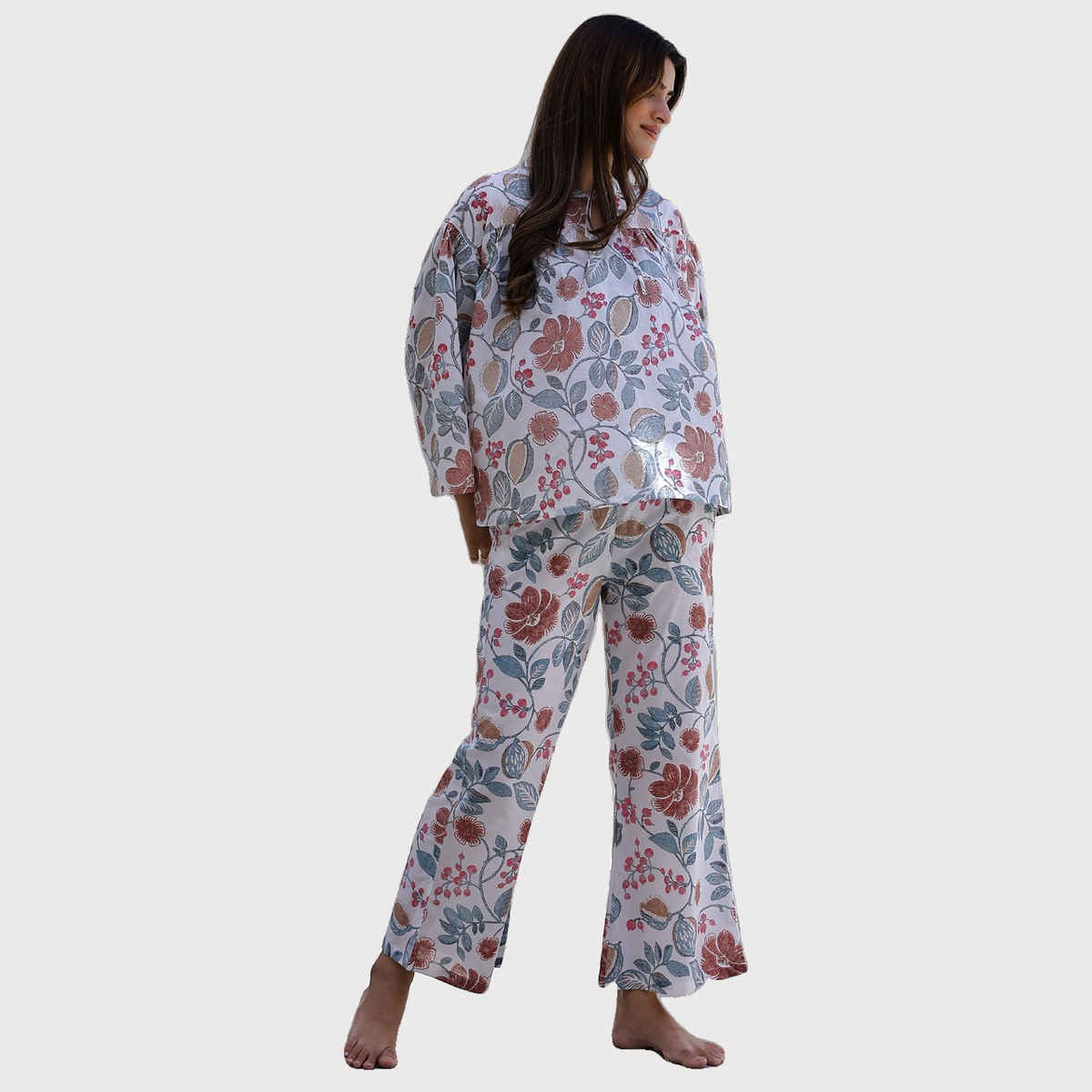 Sanskrutihomes Women Floral Printed Pure Cotton Multicolour Top With Pyjamas SE-NSP-533 | L