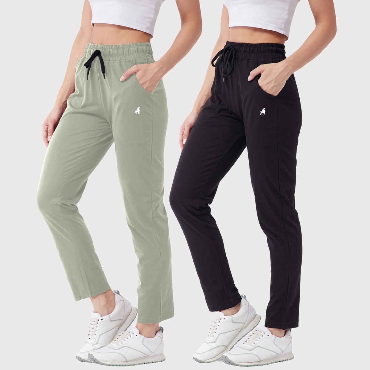 Modeve Women's Cotton Blend Solid Track Pant for Summer | Pista and Black | M