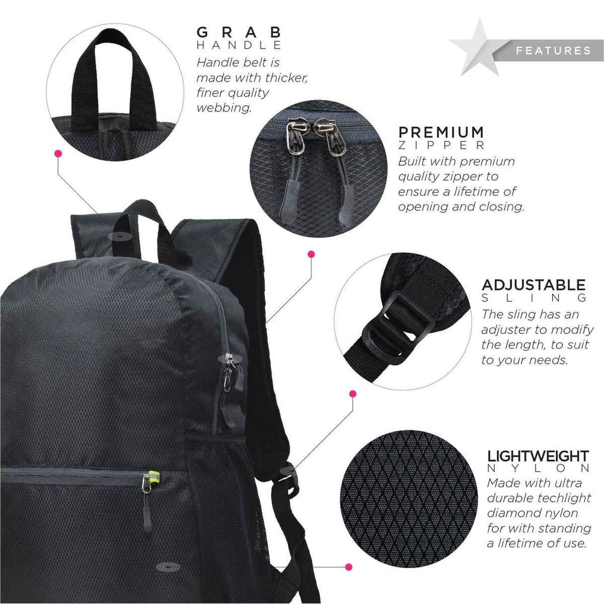 FATMUG Lightweight Foldable Travel Bag for Camping Trekking Day Trips Backpack | Black - 25 L