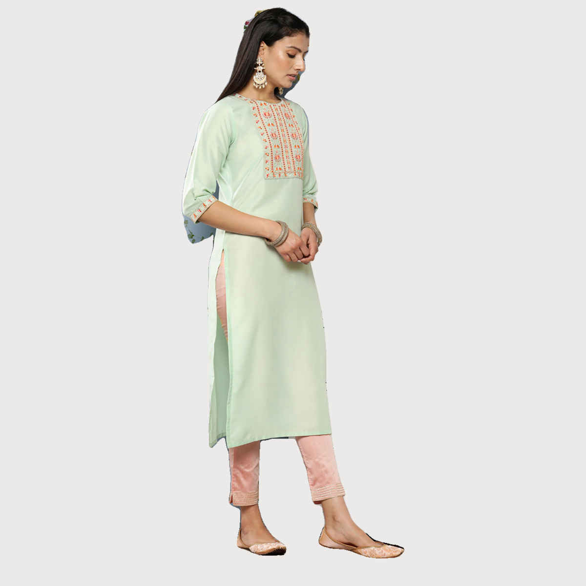 Libas Women's Green Yoke Design Silk Blend Straight Kurta | Green - XL