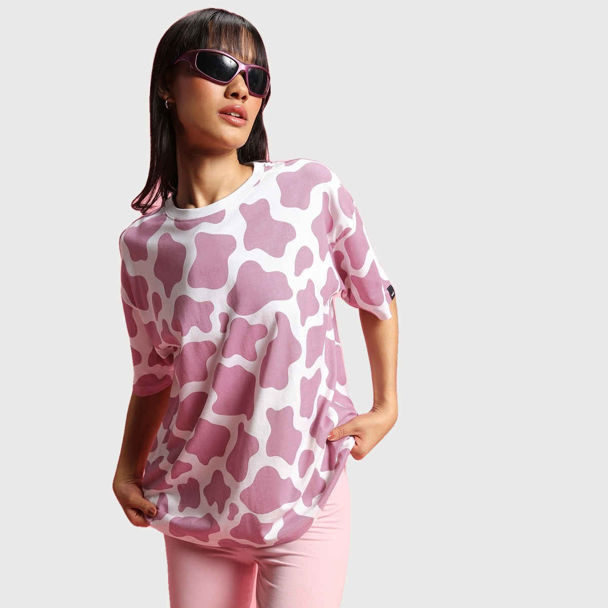 Bewakoof Women's Camo Printed Oversized T-shirt | White & Purple - S