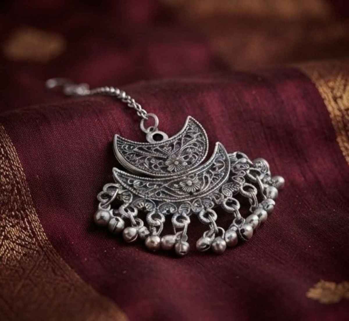The Opal Factory Navratri Jewelry | Silver Oxidized Moon Maang Tika with Ghungroo | Silver