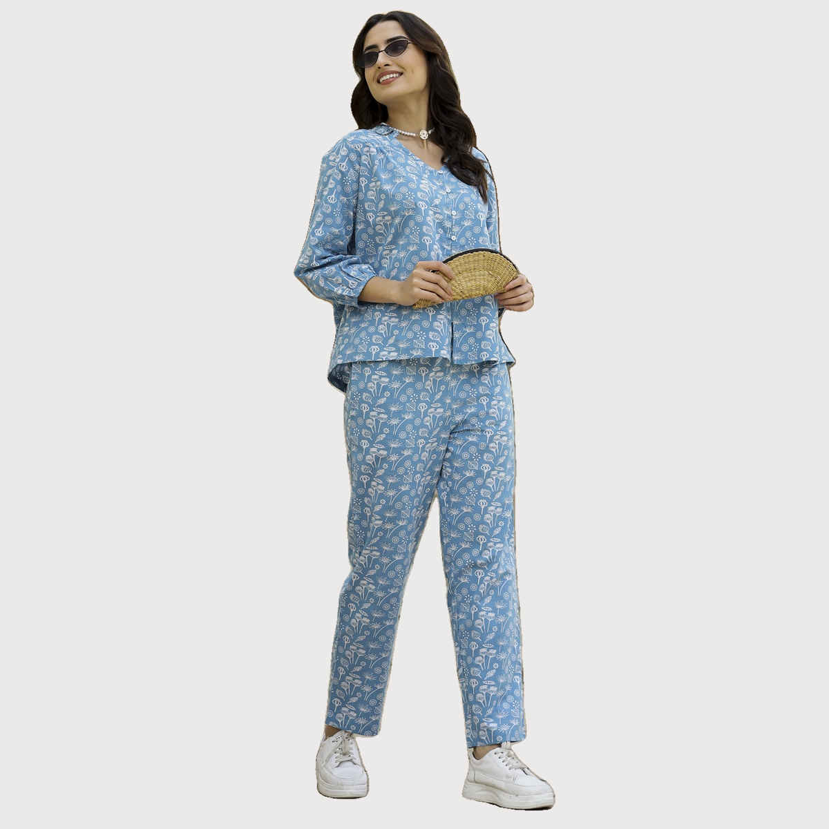 Sanskrutihomes Blue Printed Pure Cotton Top With Trousers | Blue | S