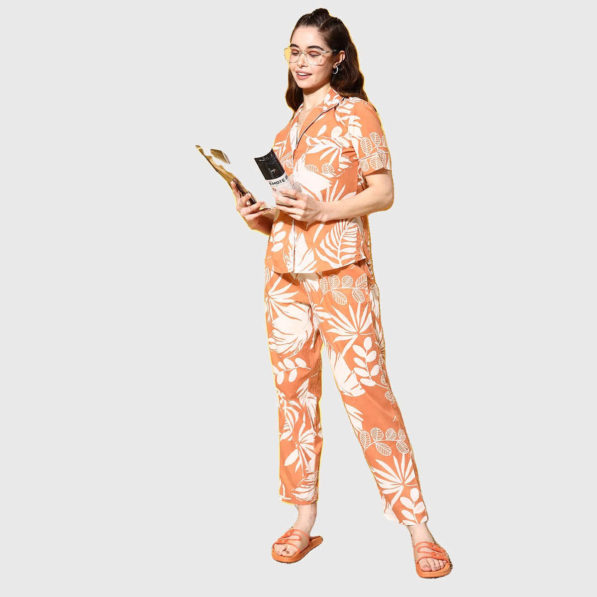 Sanskrutihomes Women Orange & White Pure Cotton Floral Printed Night Suit SE-NSP-92 | M