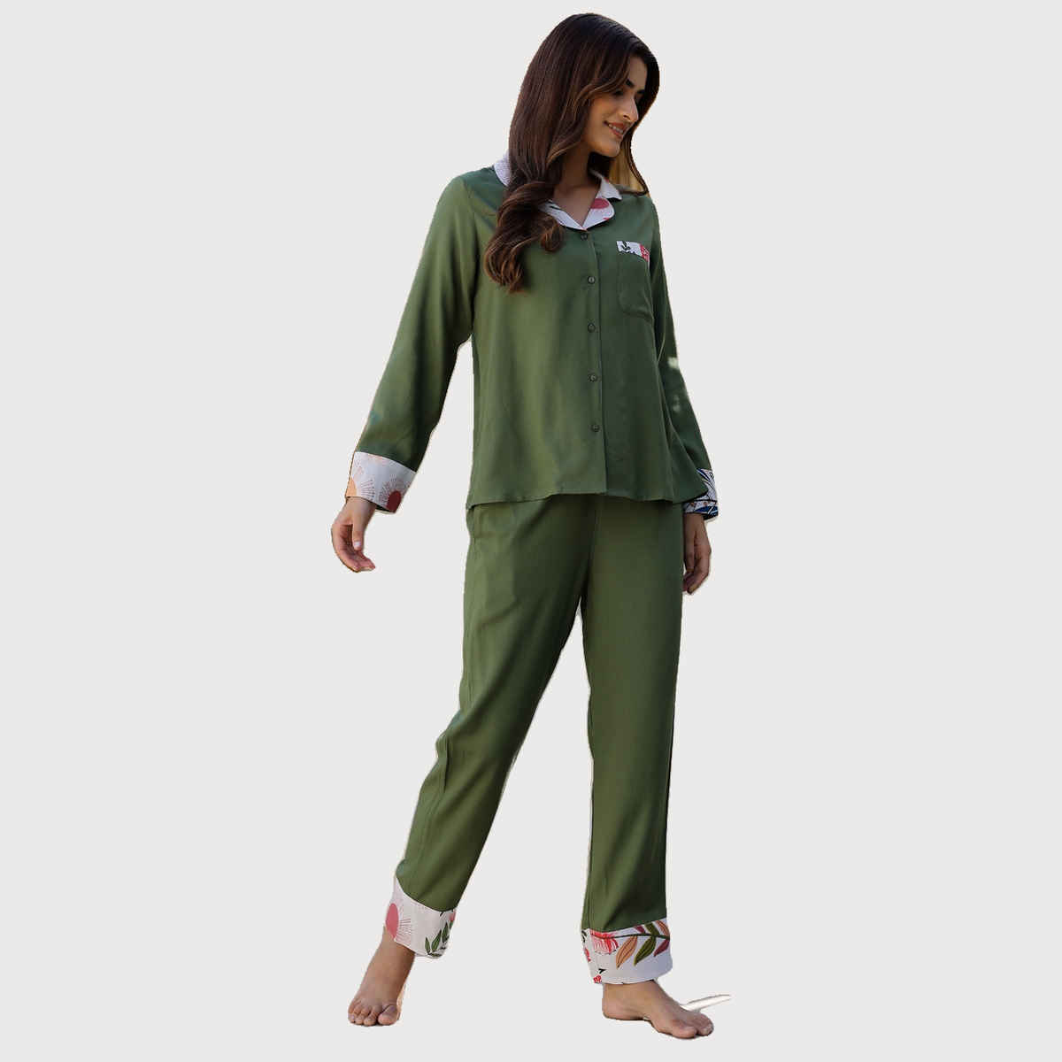 Sanskrutihomes Lapel Collar Night Suit | Green | S