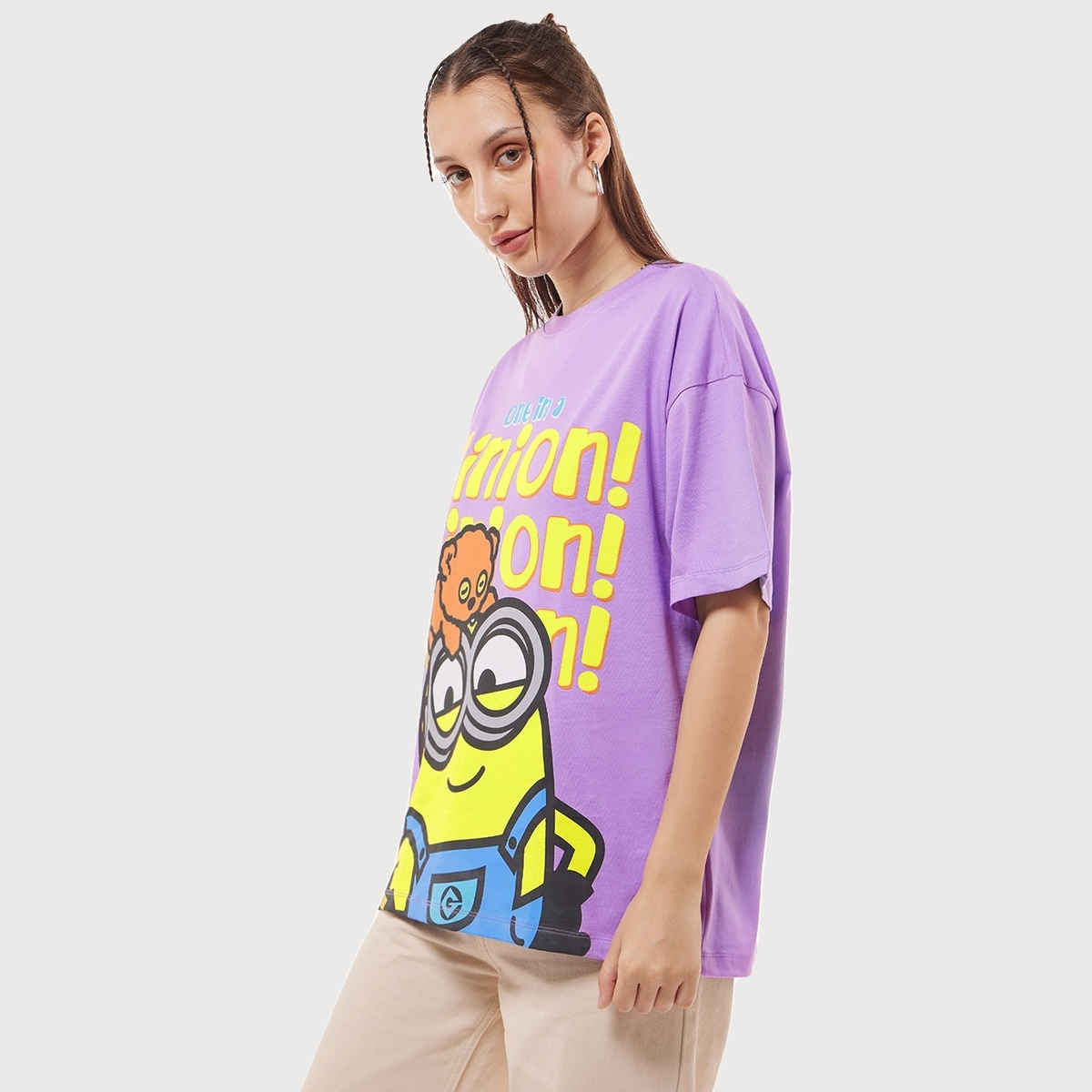 Bewakoof Women's Minion Graphic Printed Oversized T-shirt | Purple - L