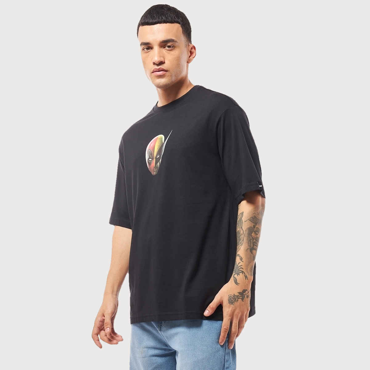 Bewakoof Official Marvel Men's Deadpool Duo Graphic Printed Oversized T-shirt | Black | XL
