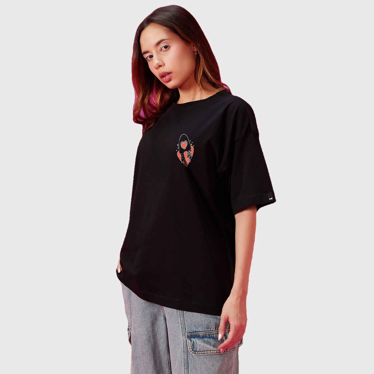 Bewakoof Women's Be Curious Graphic Printed Oversized T-shirt | Black - L