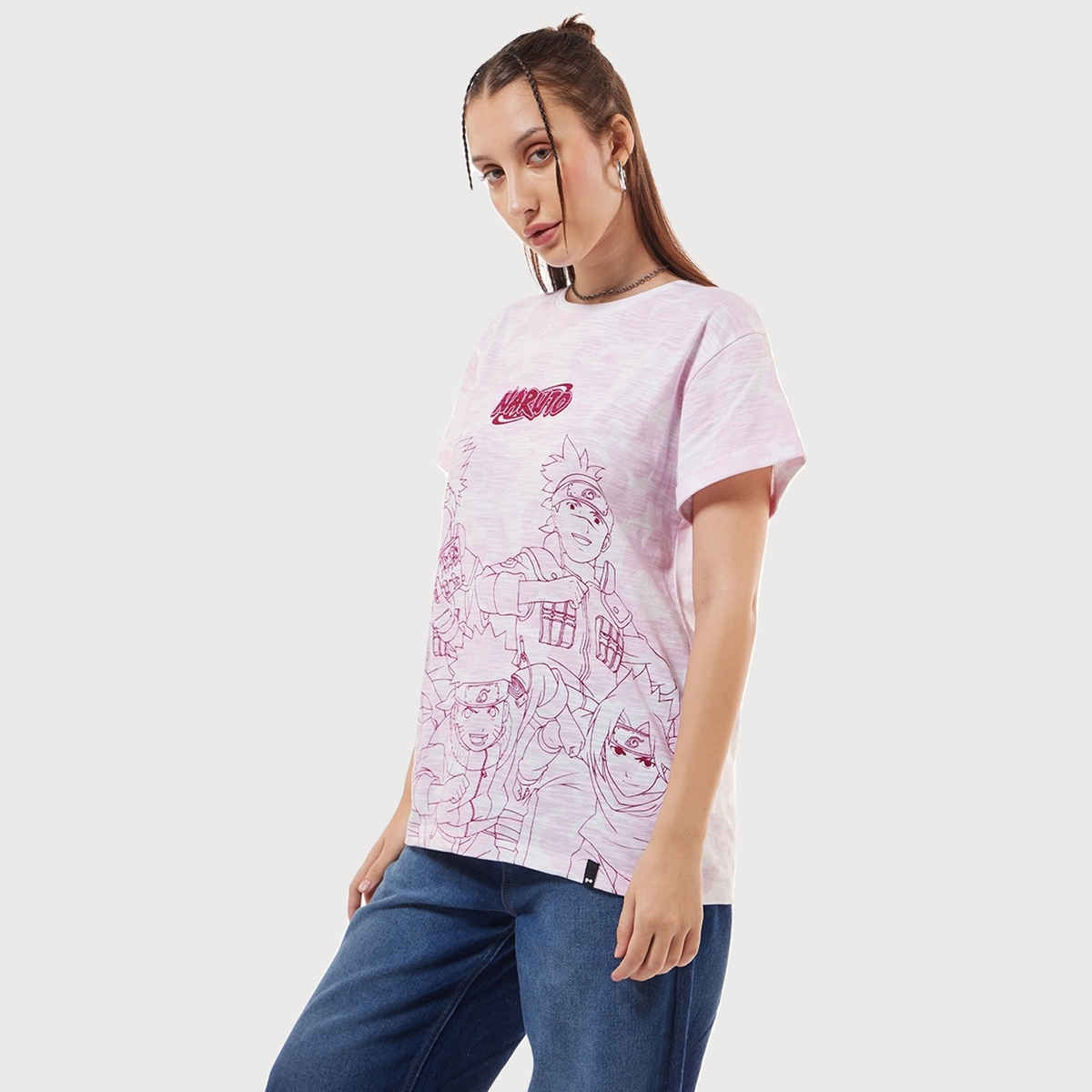 Bewakoof Women's Naruto Graphic Printed Boyfriend T-shirt | White & Pink - S