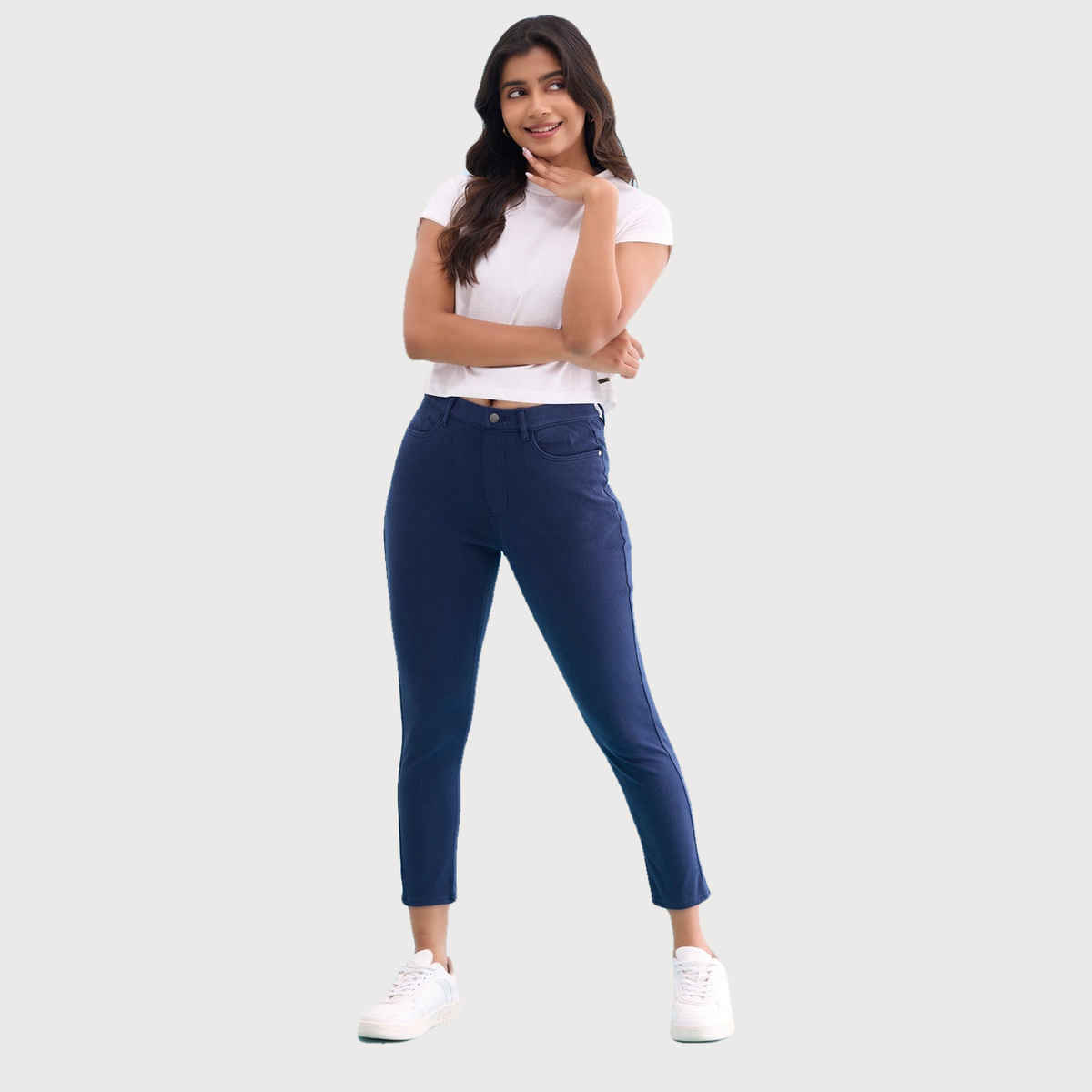 Go Colors Women's Solid Mid Rise Cropped Jeggings | LJC3 | Navy - S