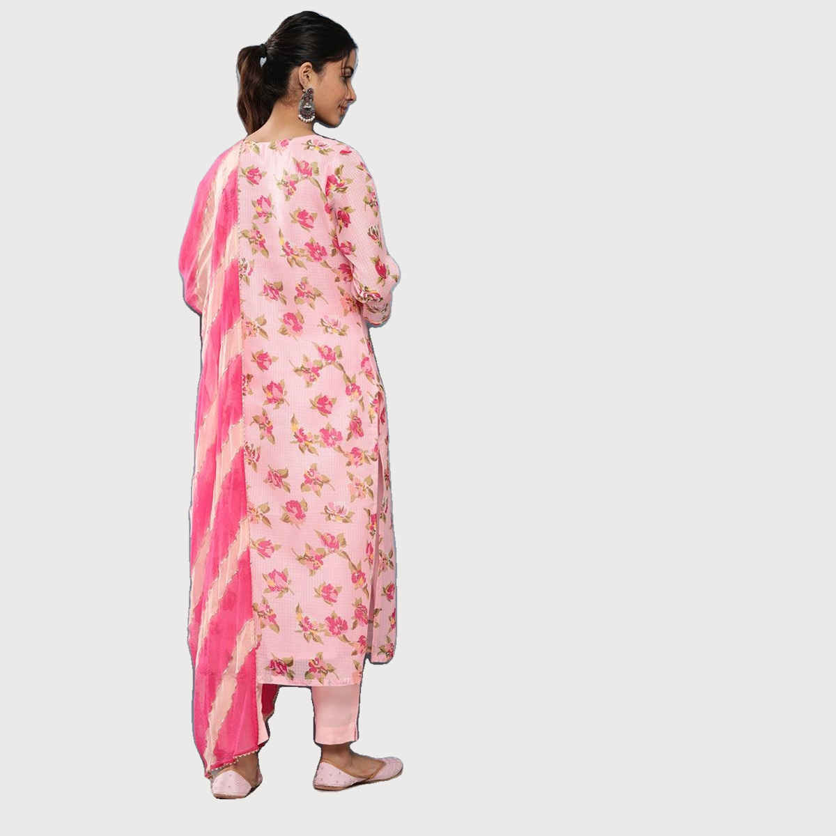 Divena Women s Pink Kota Doria Floral Printed Kurta Pant Dupatta Sets DK0847 | S