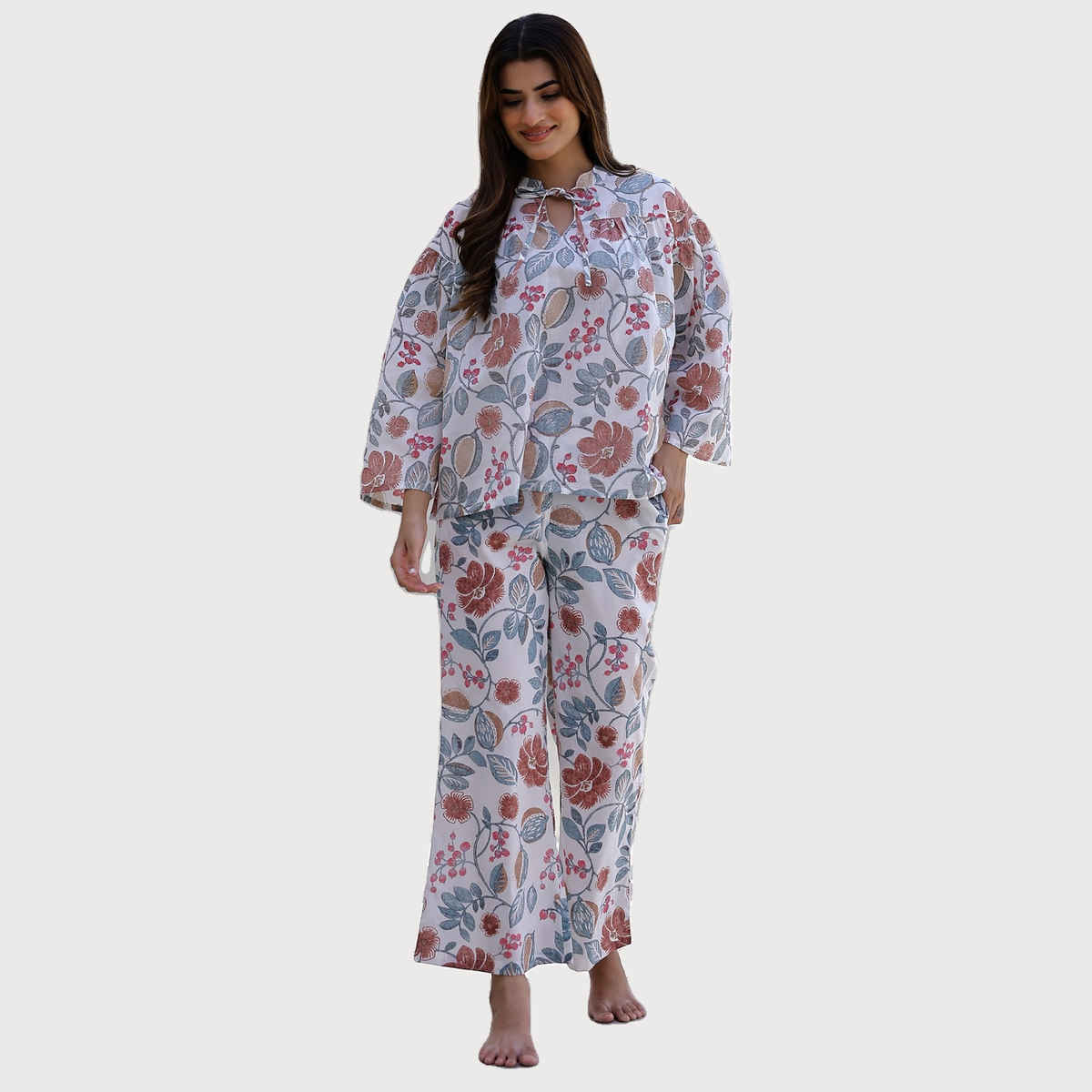 Sanskrutihomes Women Floral Printed Pure Cotton Multicolour Top With Pyjamas SE-NSP-533 | L