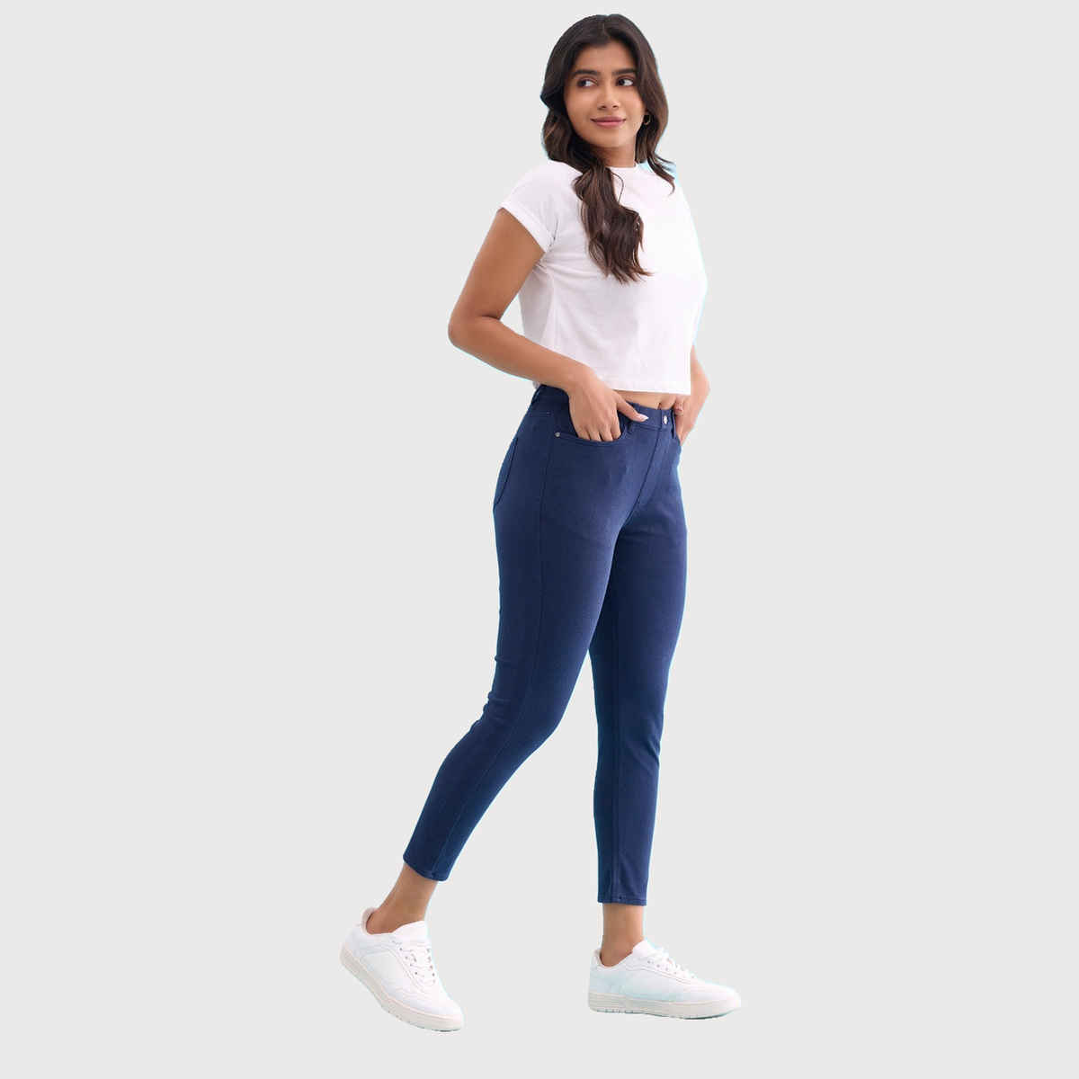 Go Colors Women's Solid Mid Rise Cropped Jeggings | LJC3 | Navy - S