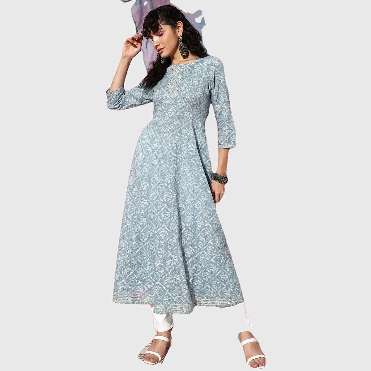 Ishin Women Embroidered Anarkali Kurta | INWKTS039 | Cotton Sky Blue - S