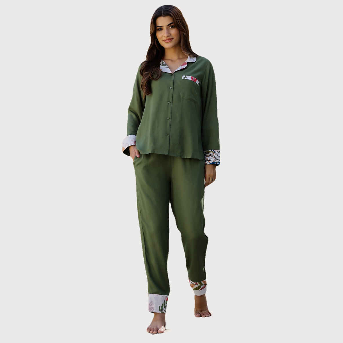 Sanskrutihomes Lapel Collar Night Suit | Green | S