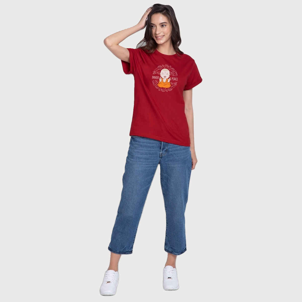 Bewakoof Women's Inner Peace Graphic Printed Boyfriend T-shirt | Red - L