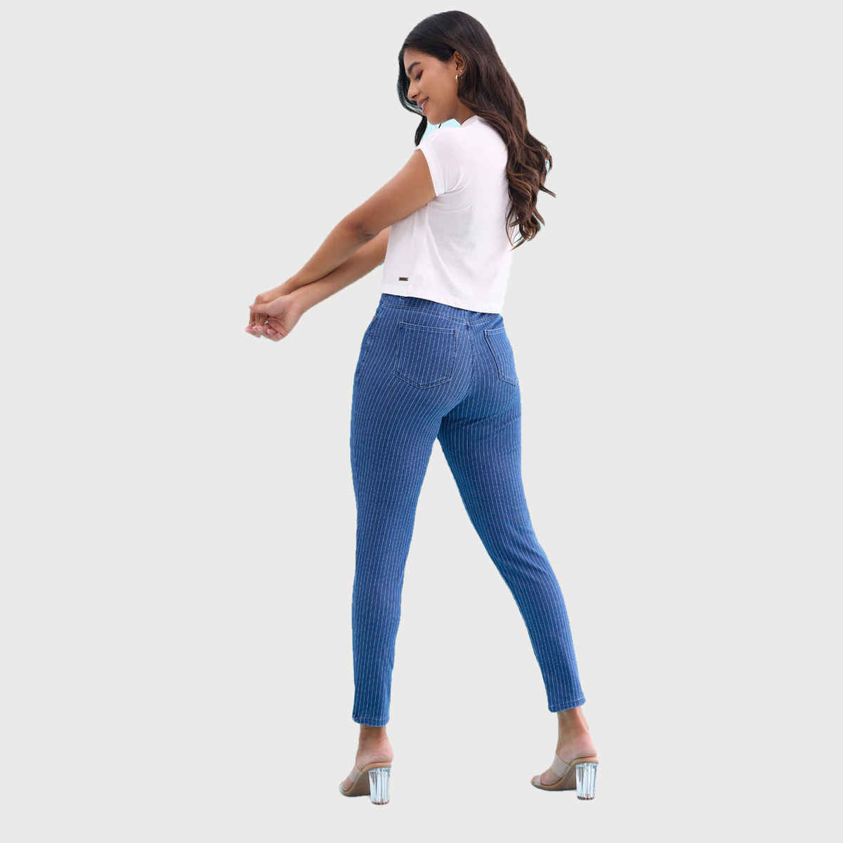 Go Colors Women's Striped Denim Jeggings | LJ03 | Dark Blue - XL