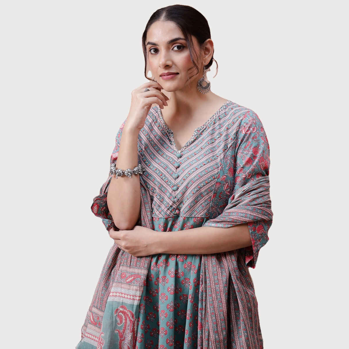 Rangdeep Ethnic Motifs Printed Empire Cotton Anarkali Kurta with Trousers & Dupatta | Women | L