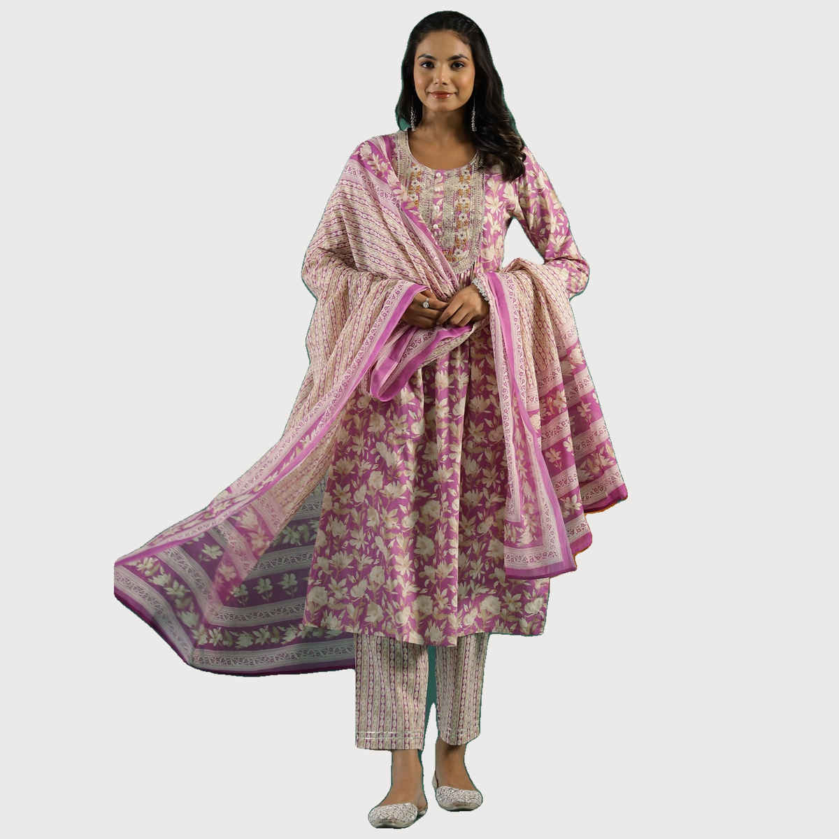 Rangdeep Floral Printed Sequinned Pure Cotton A Line Kurta with Trousers & Dupatta for Women | M
