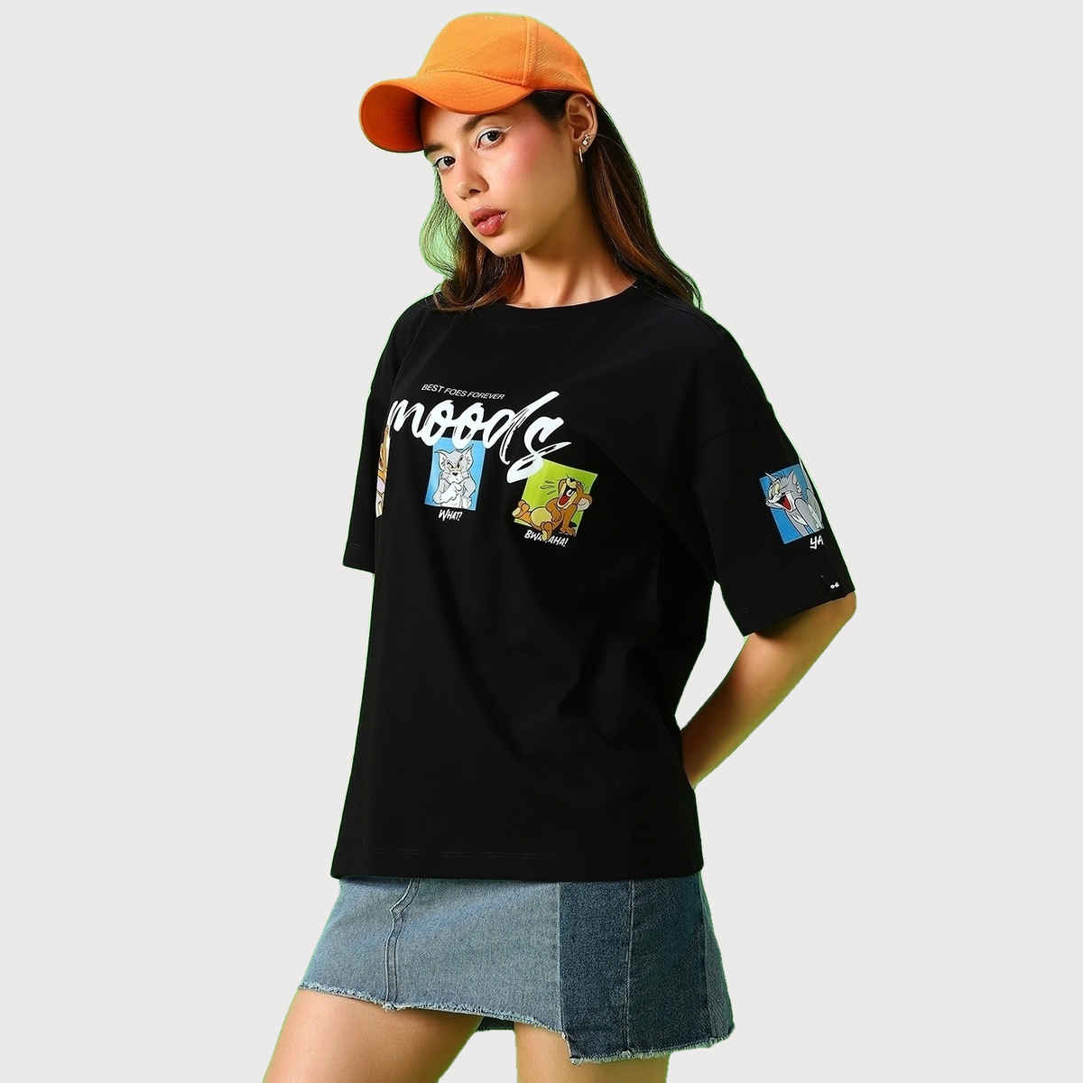 Bewakoof Women's Friends & Feelings T&J Graphic Printed Oversized T-shirt | Black - L