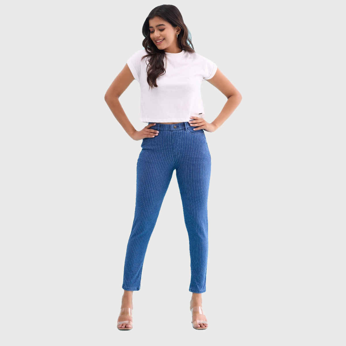 Go Colors Women's Striped Denim Jeggings | LJ03 | Dark Blue - XL