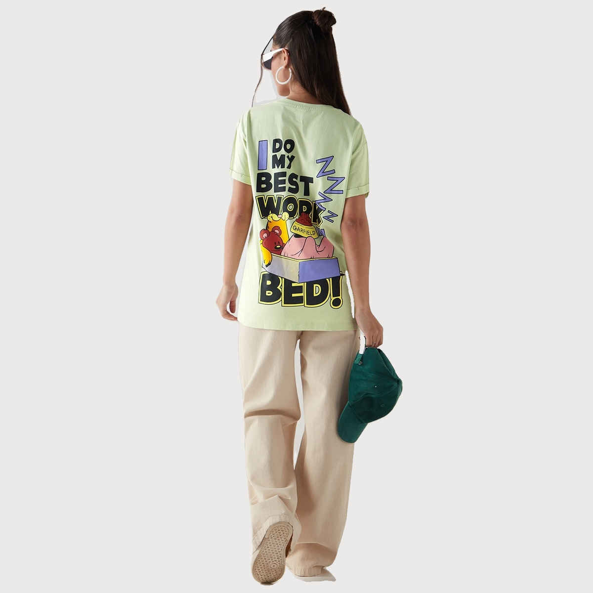 Bewakoof Women's Work in Bed Graphic Printed Boyfriend T-shirt | Fog Green - L